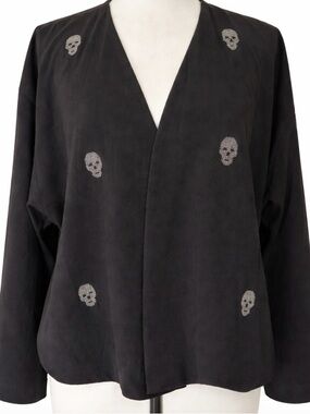 Whimsigoth Skull Embellished Jacket Edgy Boho Open Front Festival Cardigan Top